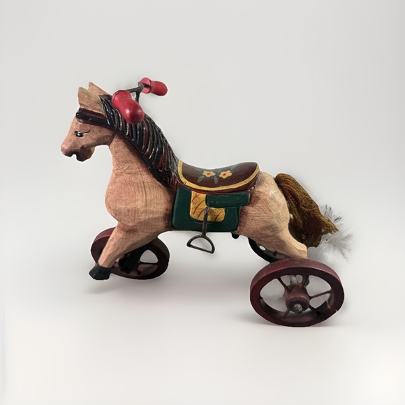 ANTIQUE VINTAGE HAND-CARVED and Painted WOODEN HORSE TRICYCLE DECOR SCULPTURE - Picture 2 of 8